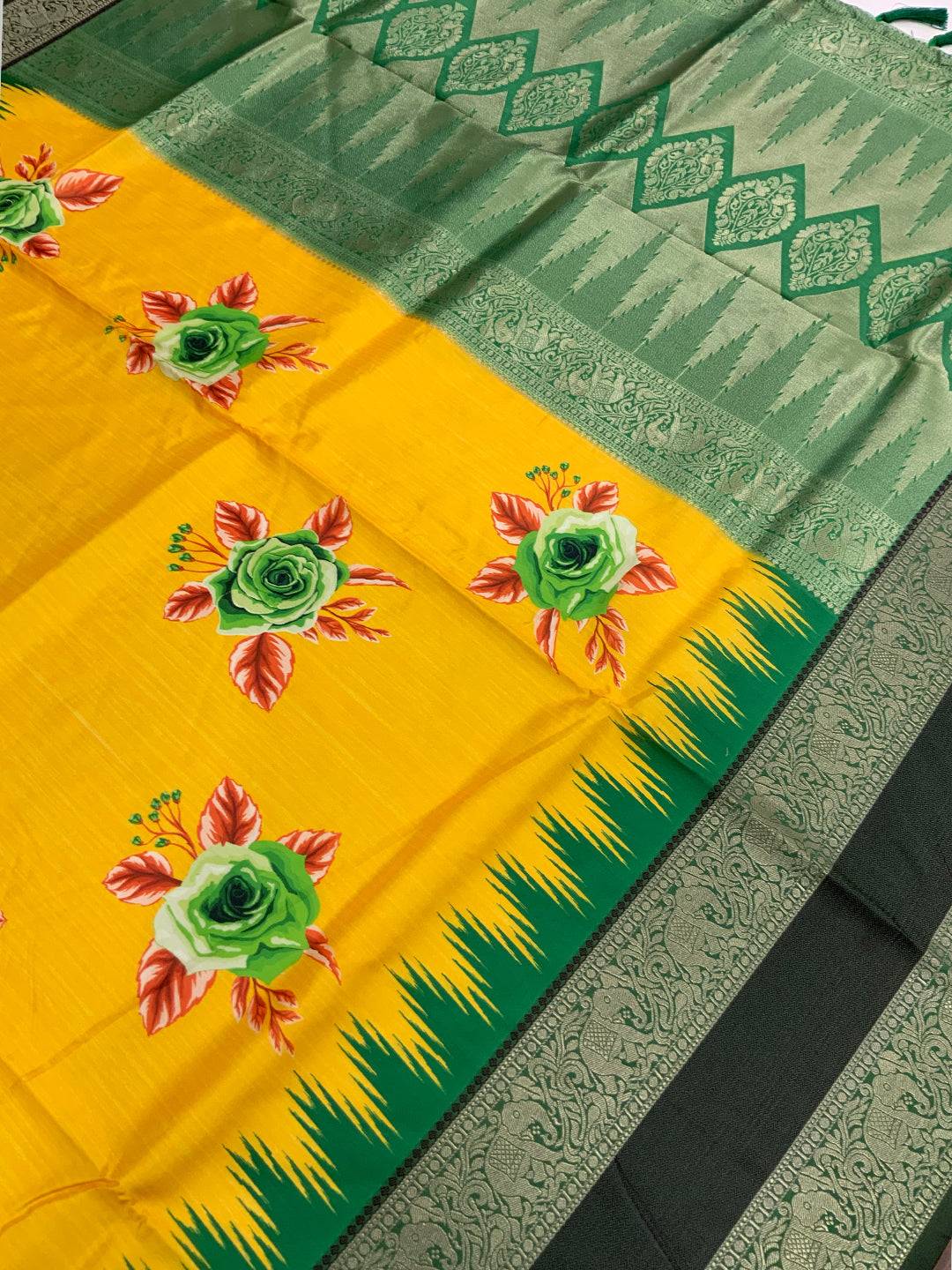 Mustard Floral Gold Zari Weaving Check Saree