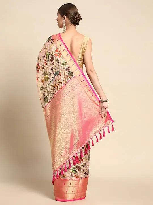 Organza Pink Colour Floral Print Saree
