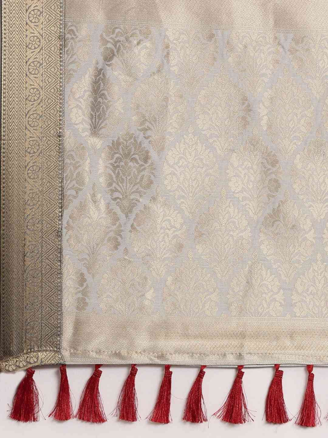 Banarasi White Colour Zari Floral Silk Saree