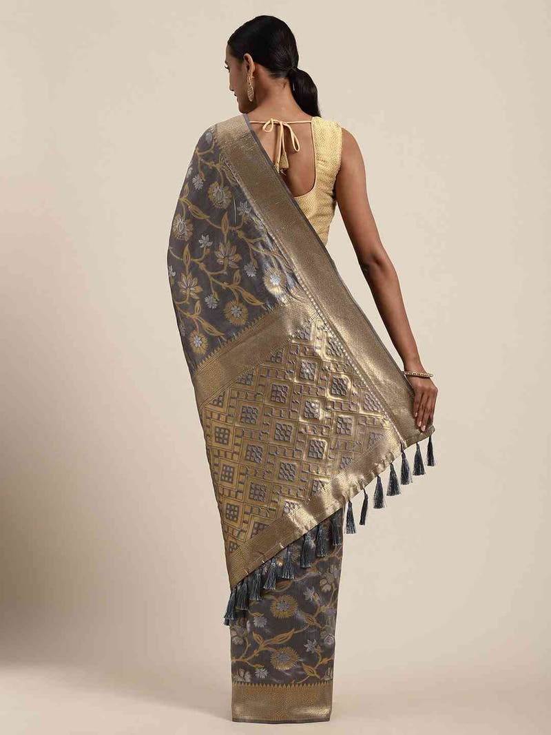 Banarasi Grey Colour Saree With Zari Border