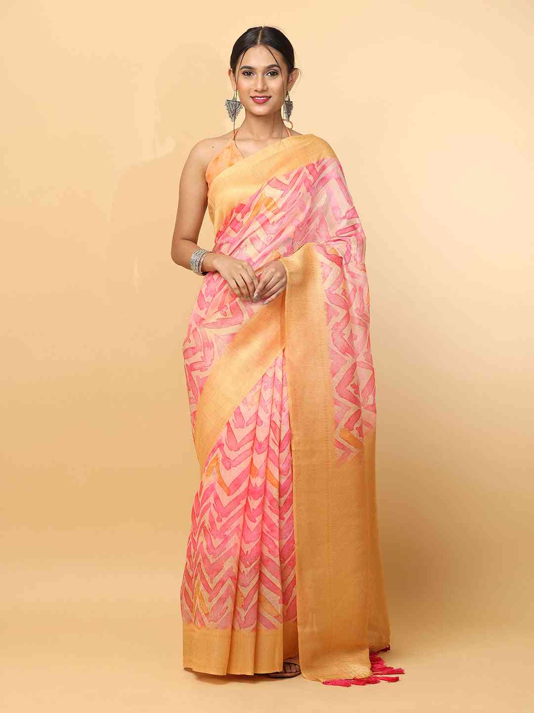 Slub Silk Digital Print Sarees With  Ethnic Motif Border