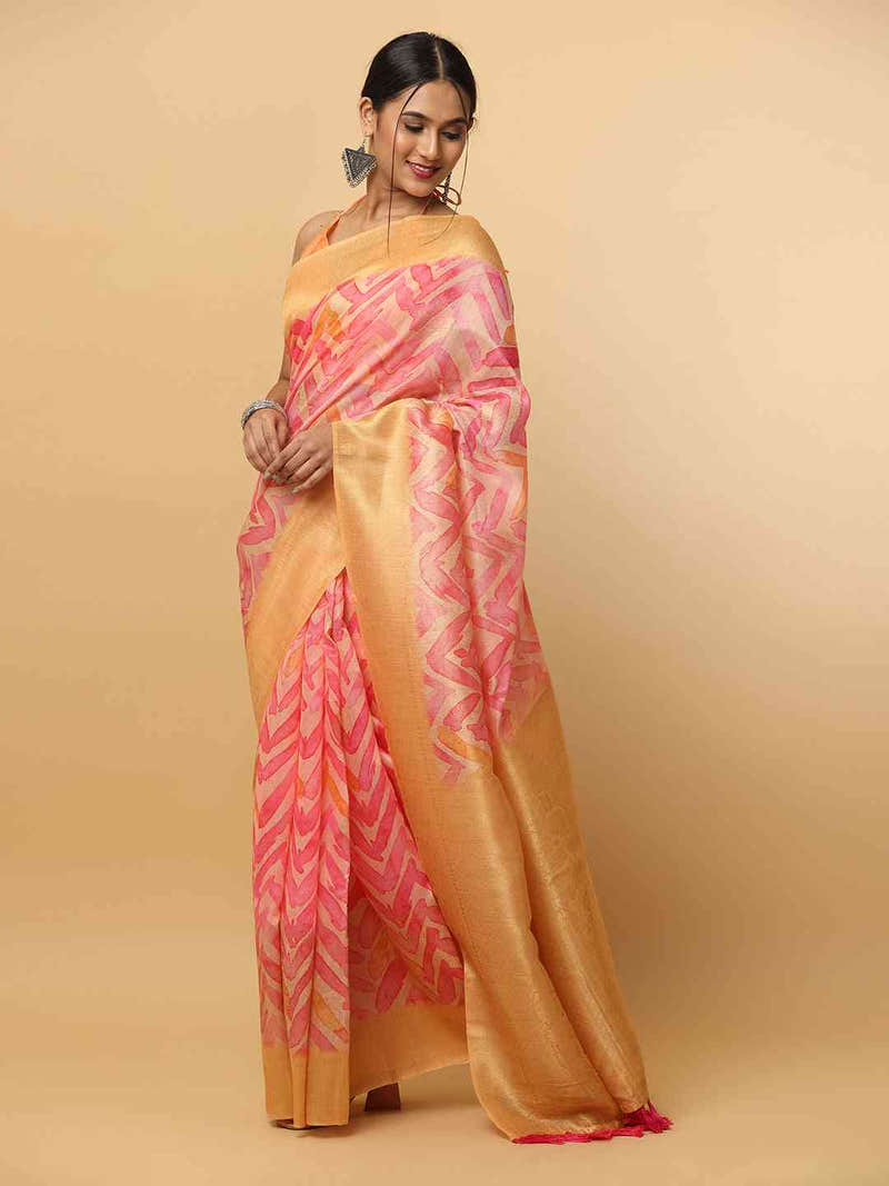 Beautiful Pink Colour Slub Silk Digital Print Party Wear Saree