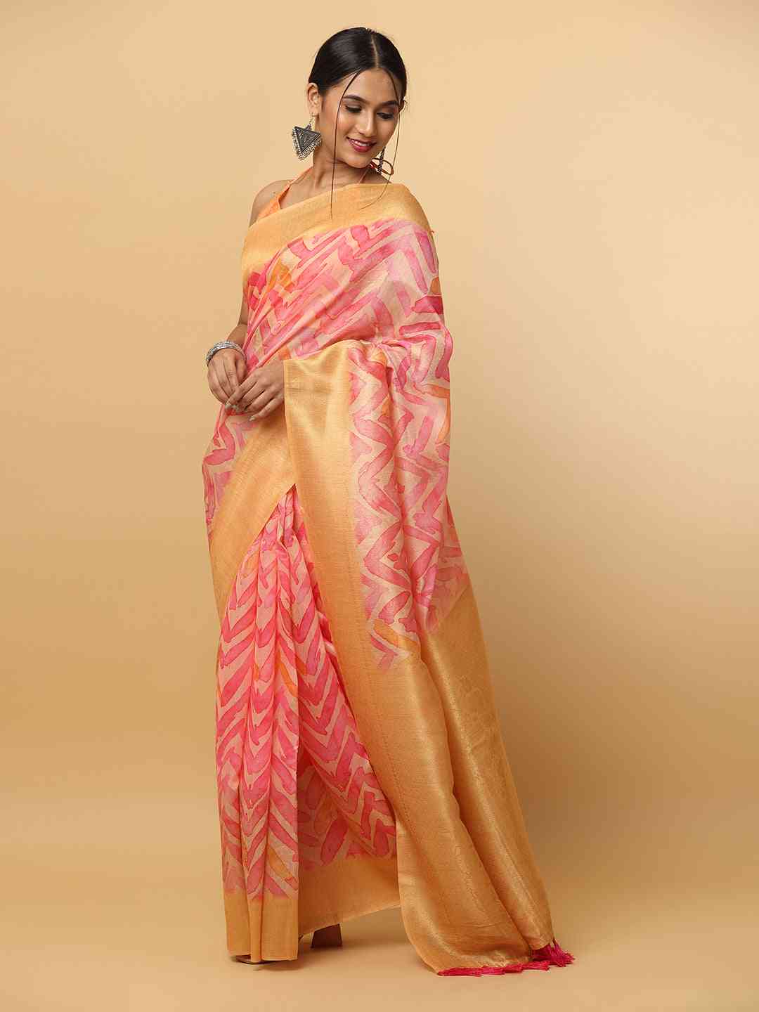 Slub Silk Digital Print Sarees With  Ethnic Motif Border