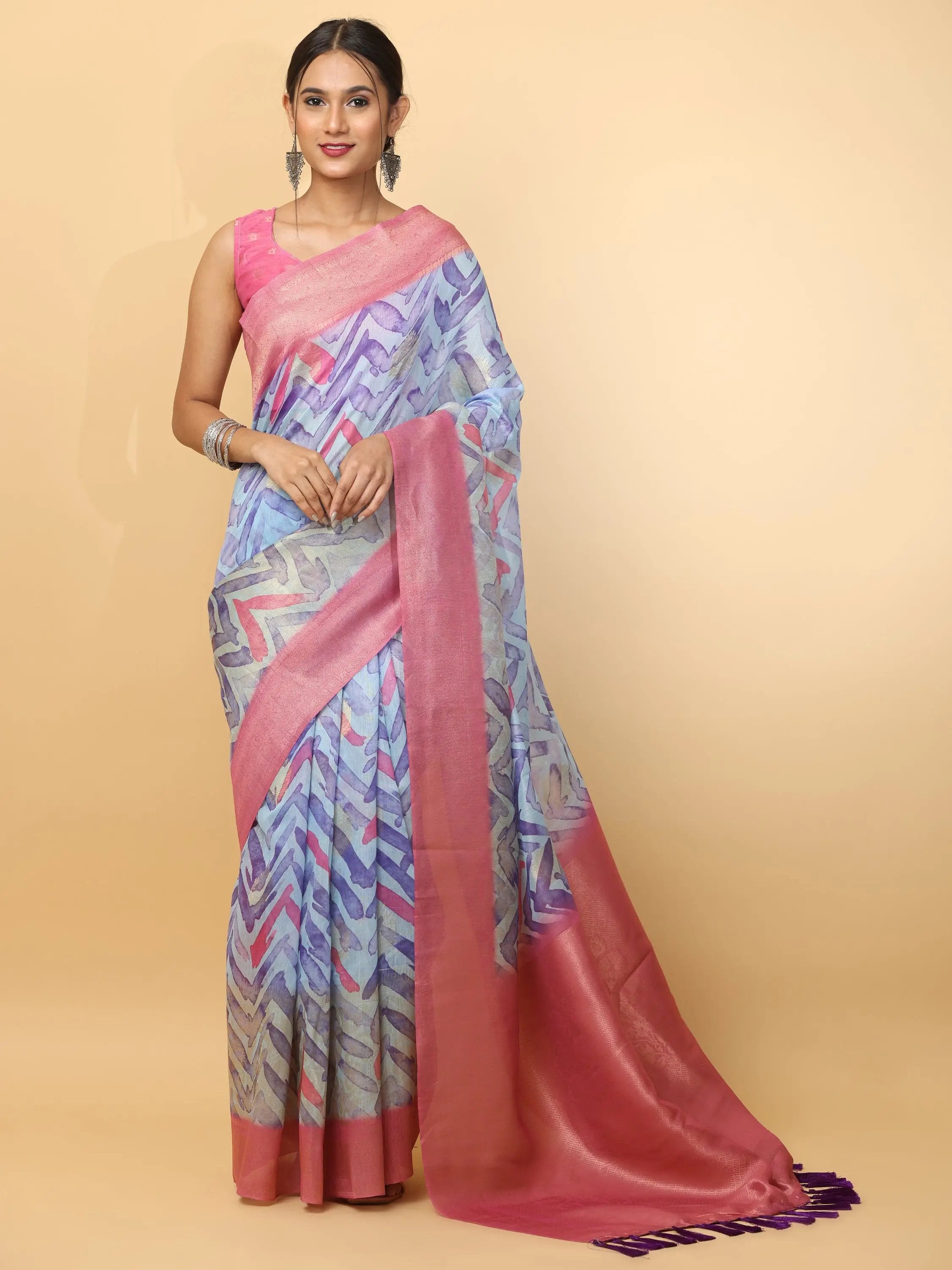 Slub Silk Digital Print Sarees With  Ethnic Motif Border