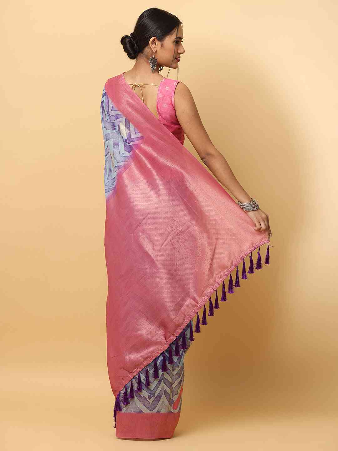 Slub Silk Digital Print Sarees With Ethnic Motif Border