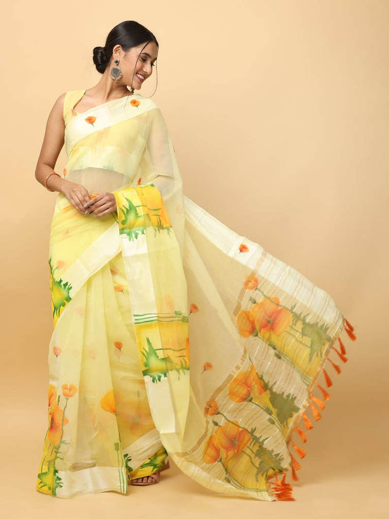 Soft Organza Hand Print Party Wear Saree