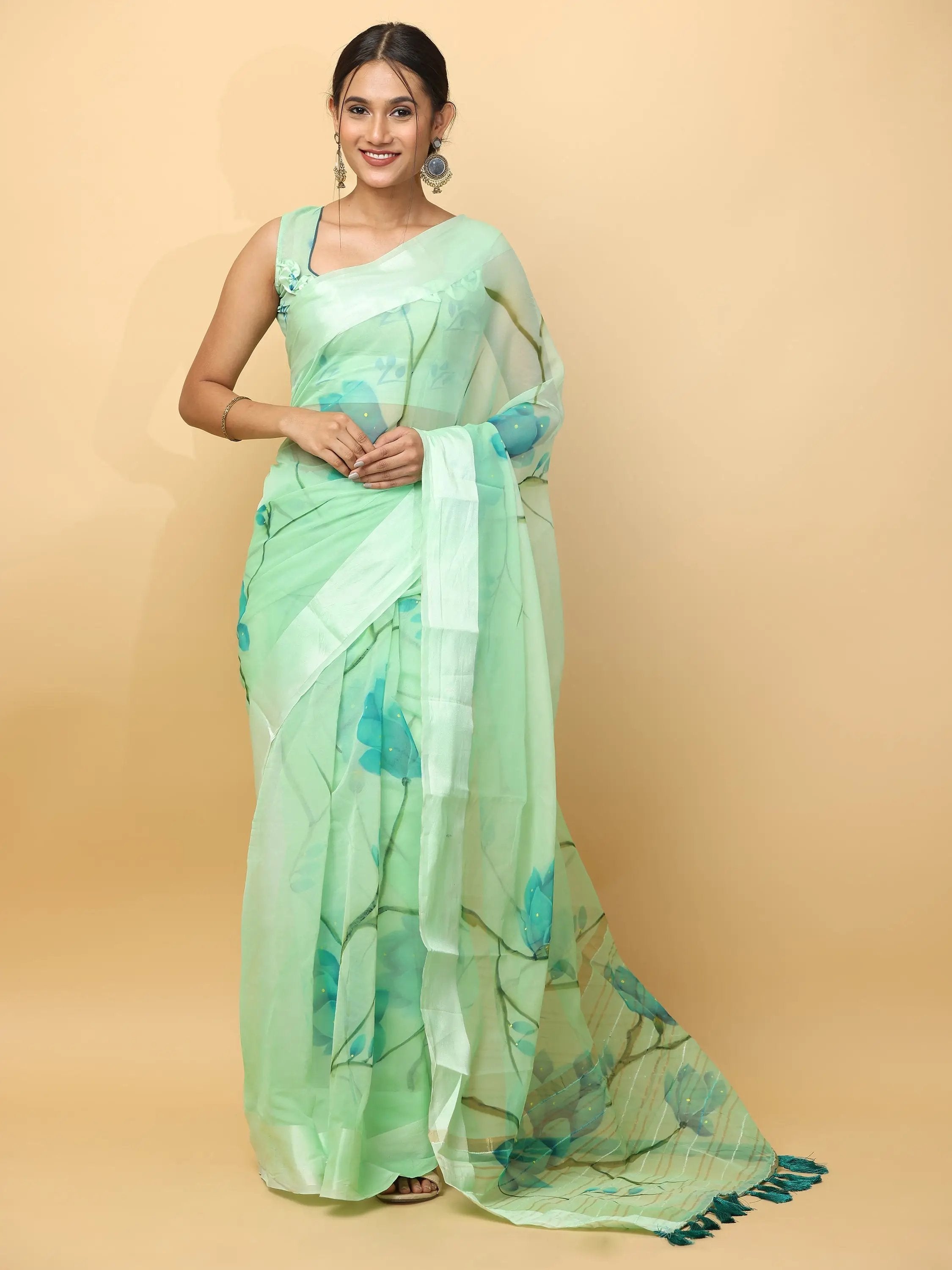 Soft Orgenza Hand Print Party Wear Saree