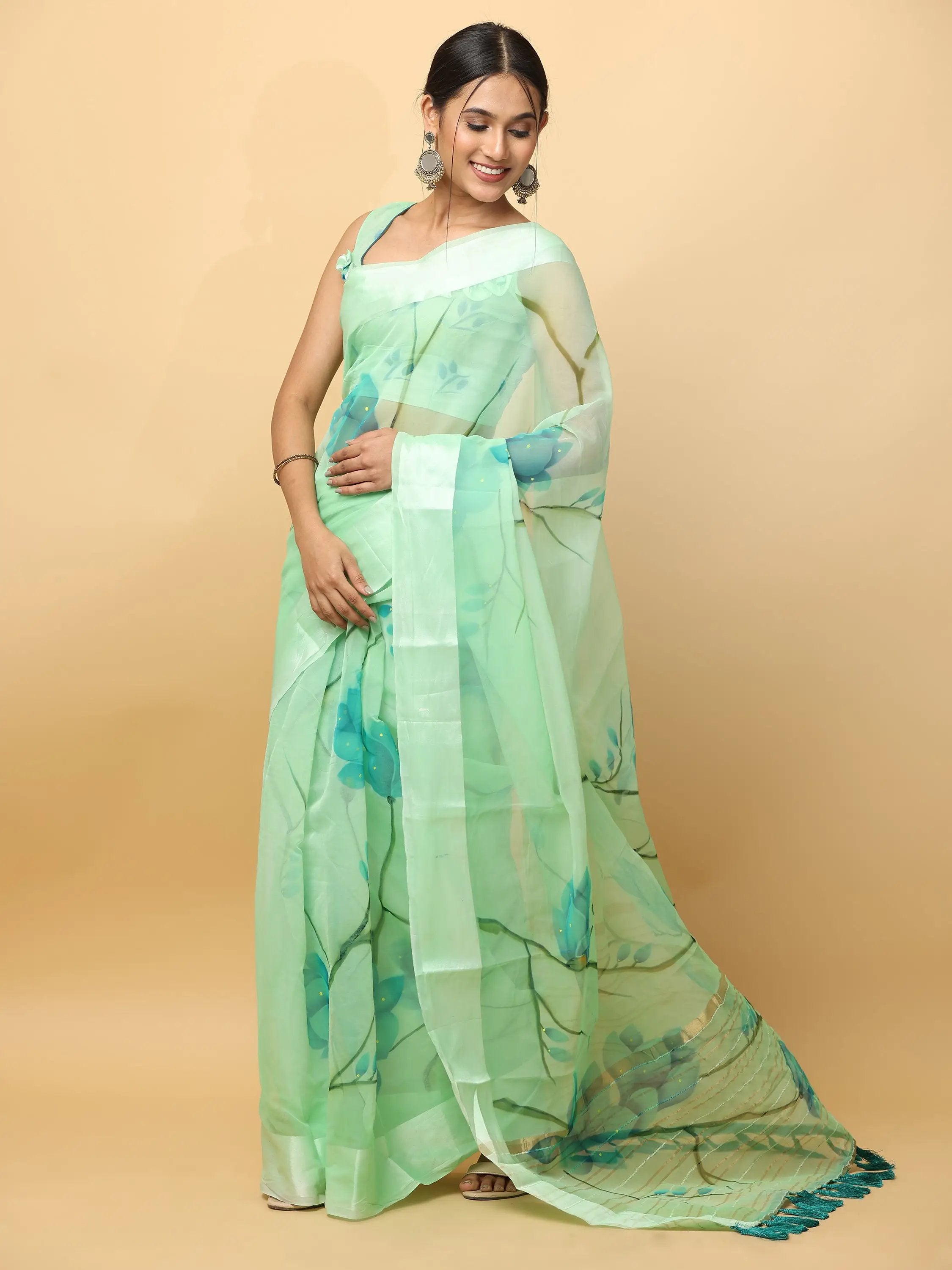 Soft Orgenza Hand Print Party Wear Saree