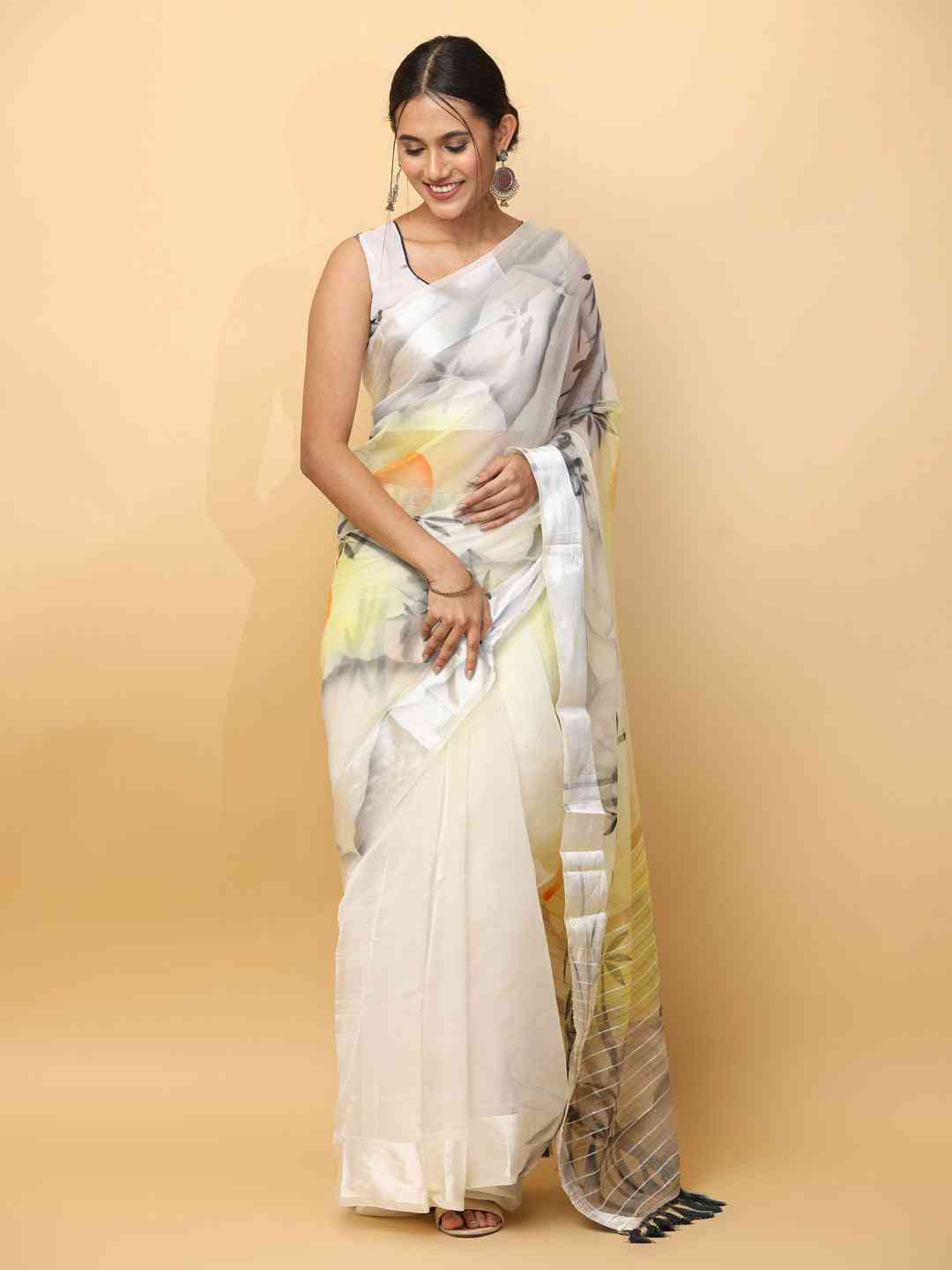 Soft Orgenza With Ethnic Motif Digital Hand Print Saree