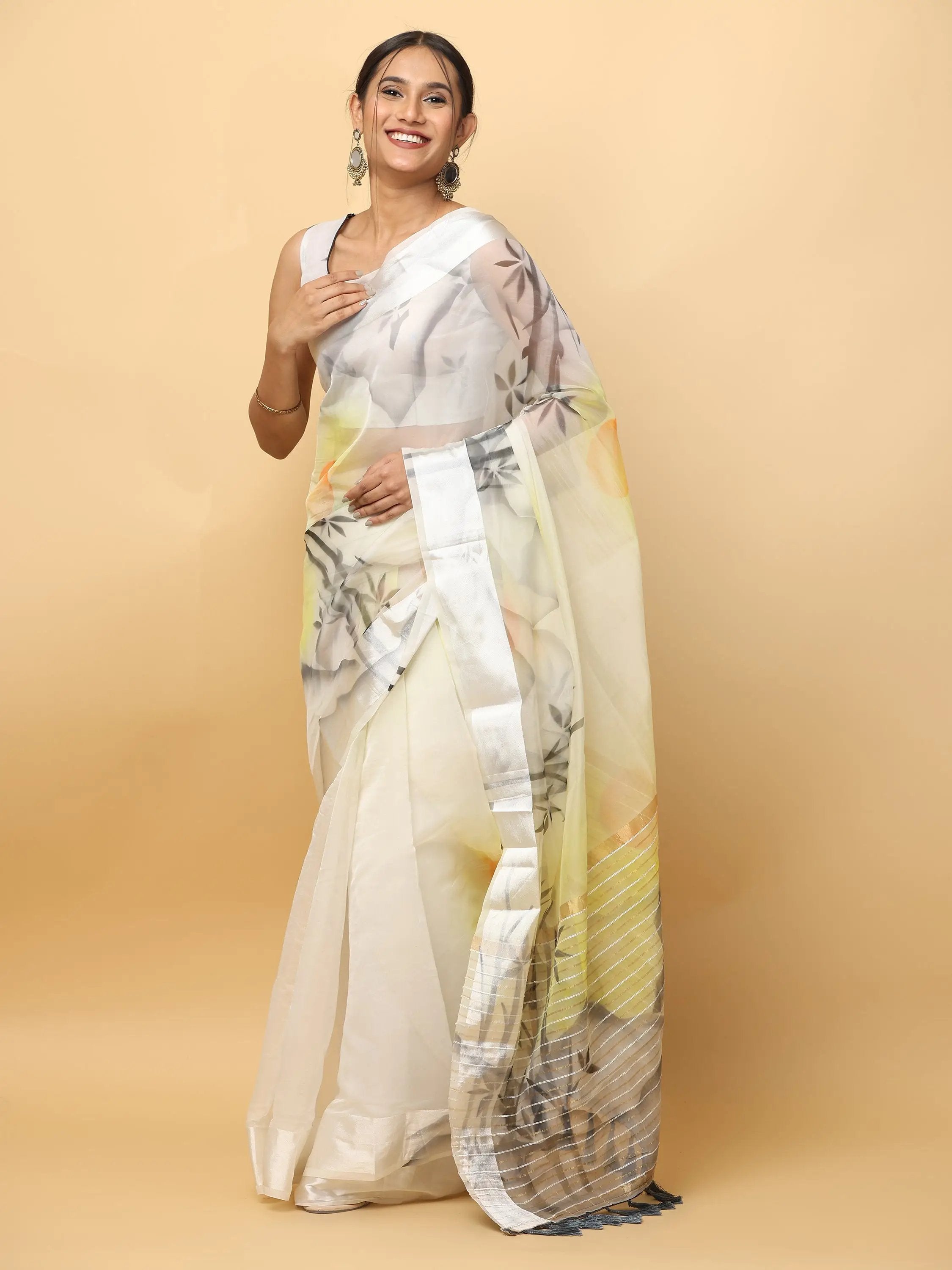 Soft Orgenza With Ethnic Motif Digital Hand Print Saree