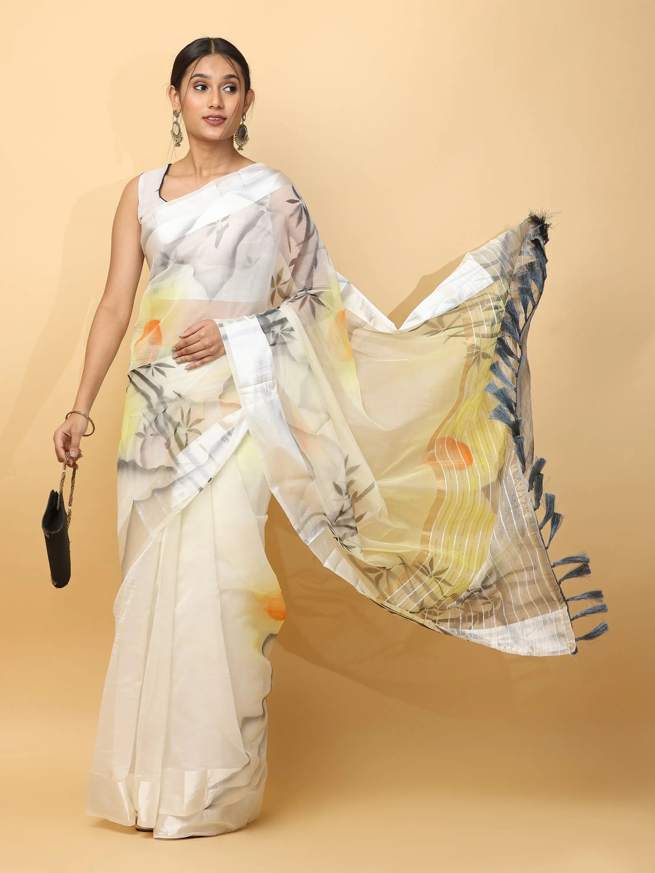 Soft Orgenza With Ethnic Motif Digital Hand Print Saree
