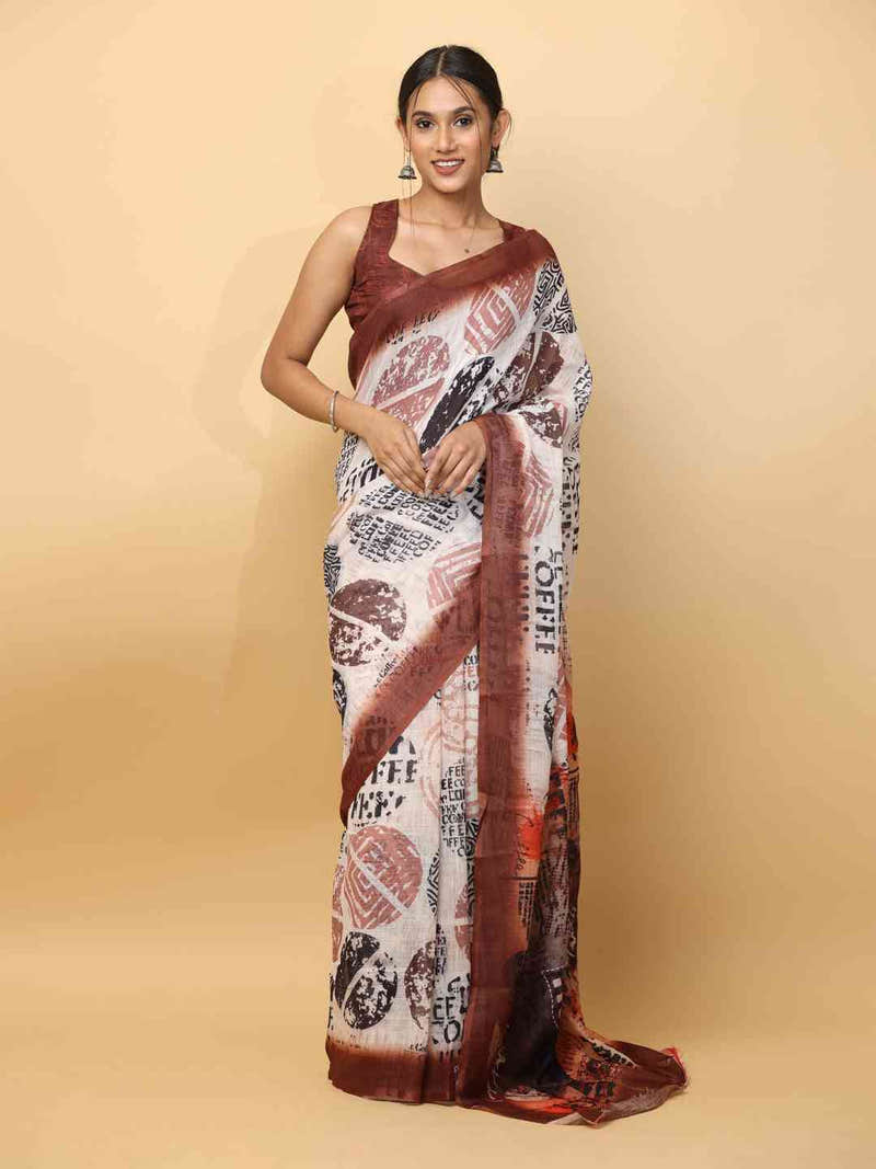 News Paper Trendy Print Soft Linen Party Wear Saree