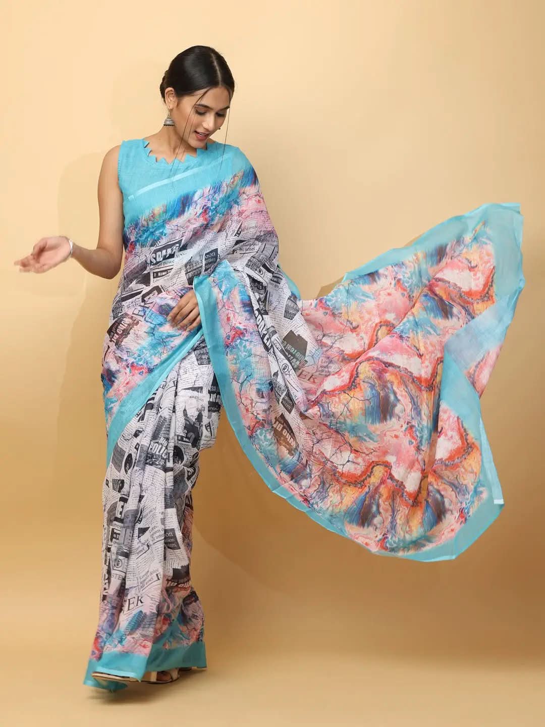 Latest Soft Linen News Paper Digital Print Saree