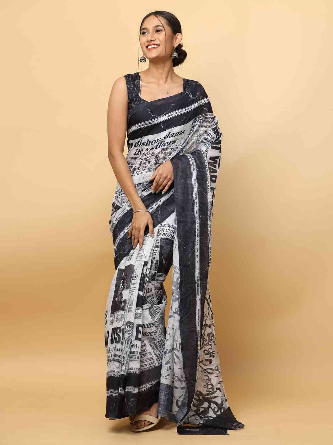 Latest Soft Linen News Paper Digital Print Saree