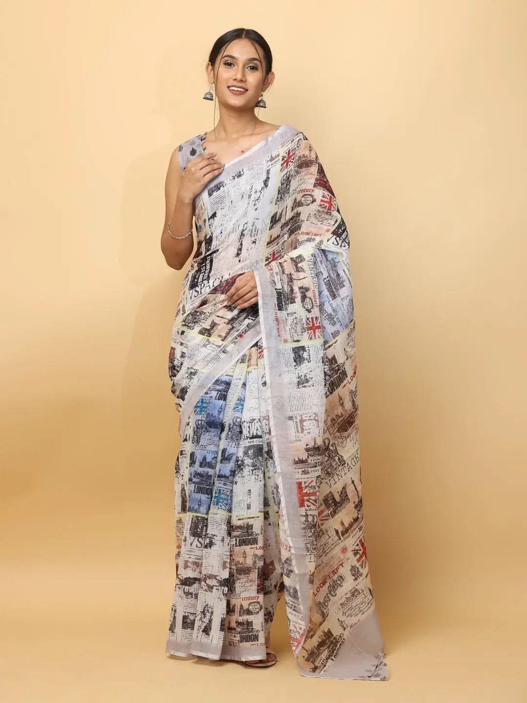 Latest Soft Linen News Paper Digital Print Saree