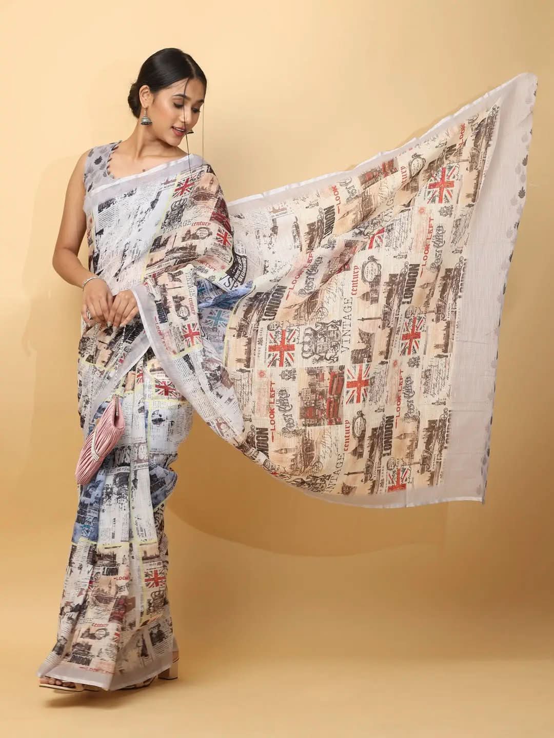 Latest Soft Linen News Paper Digital Print Saree