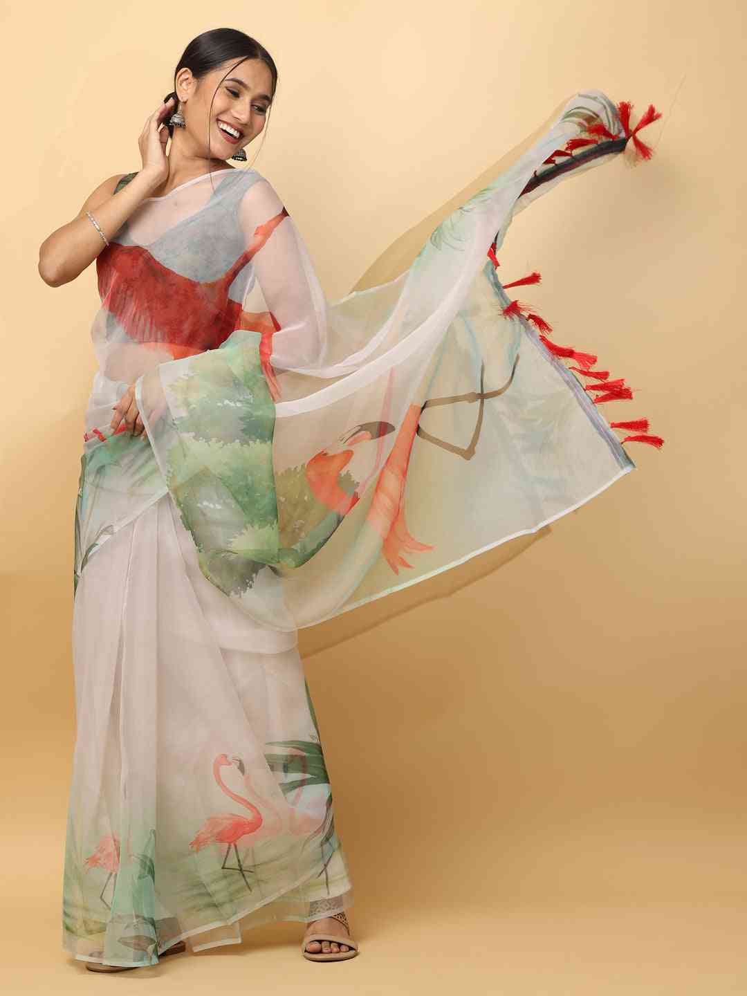 Flowing organza saree with festive digital print