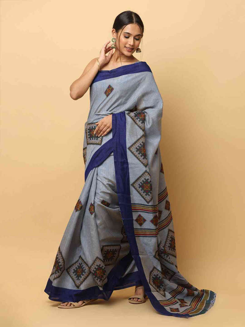 Designer Printed Grey Colour Soft Silk Party Wear Saree