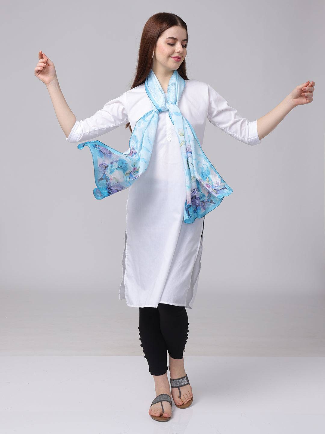 Ice Blue Floral Printed Long Scarf