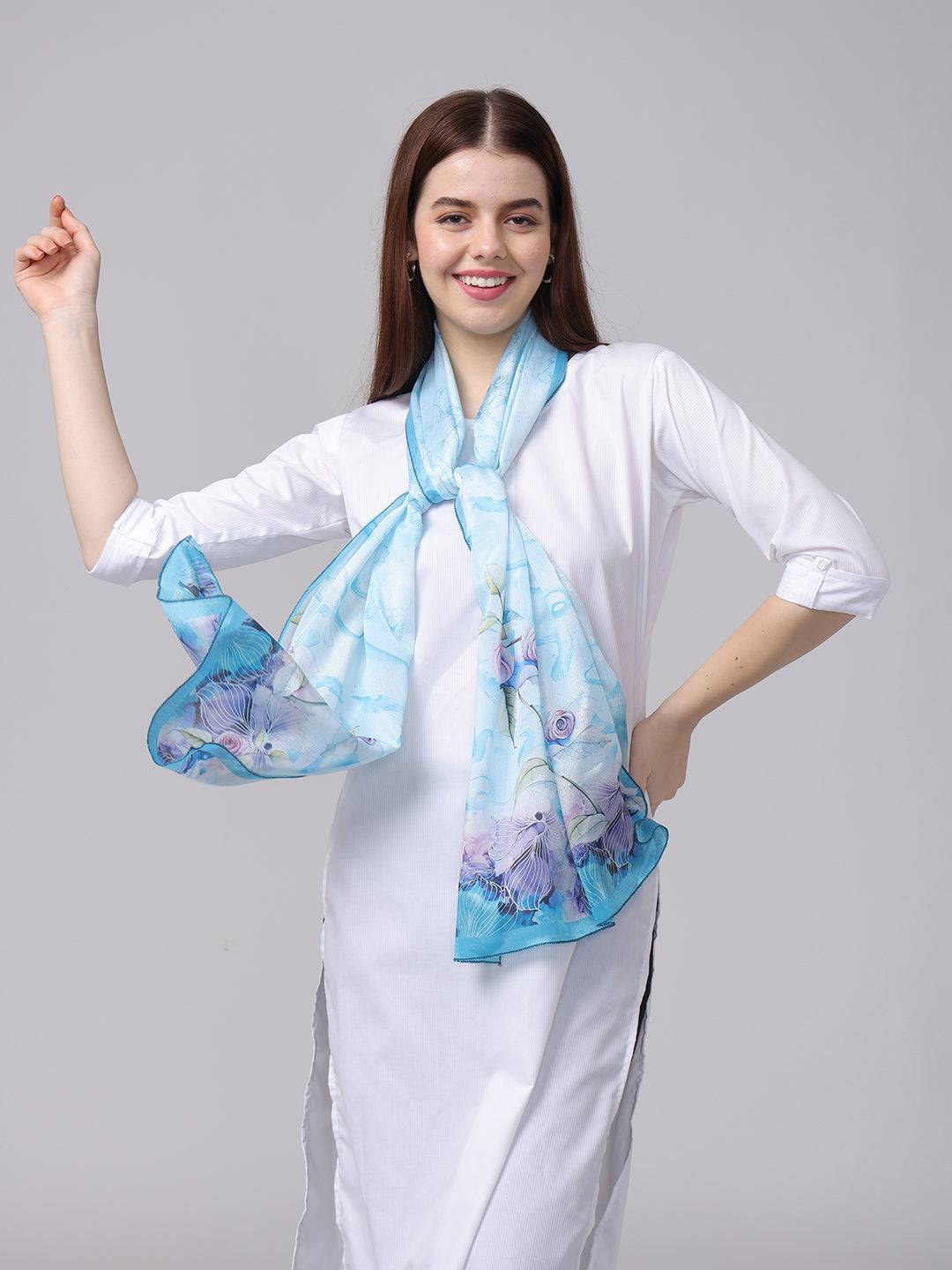 Ice Blue Floral Printed Long Scarf