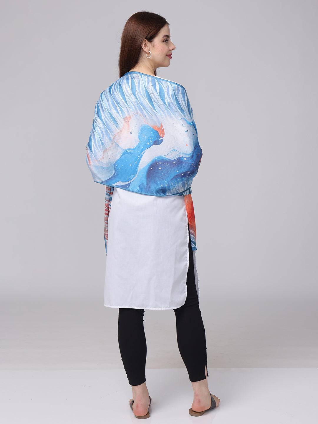 Back view of vibrant abstract patterned scarf