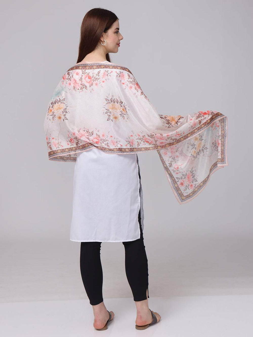 Back view of Off White Floral Printed Long Scarf