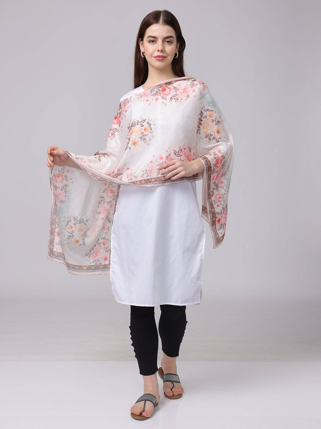 Off White Floral Printed Long Scarf draped elegantly