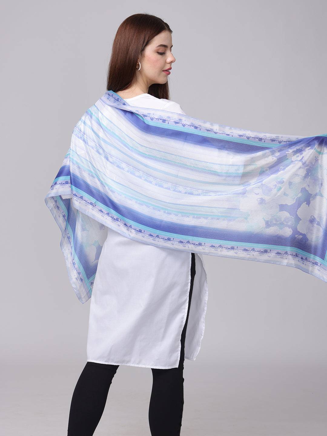 Side view of serene blue floral scarf