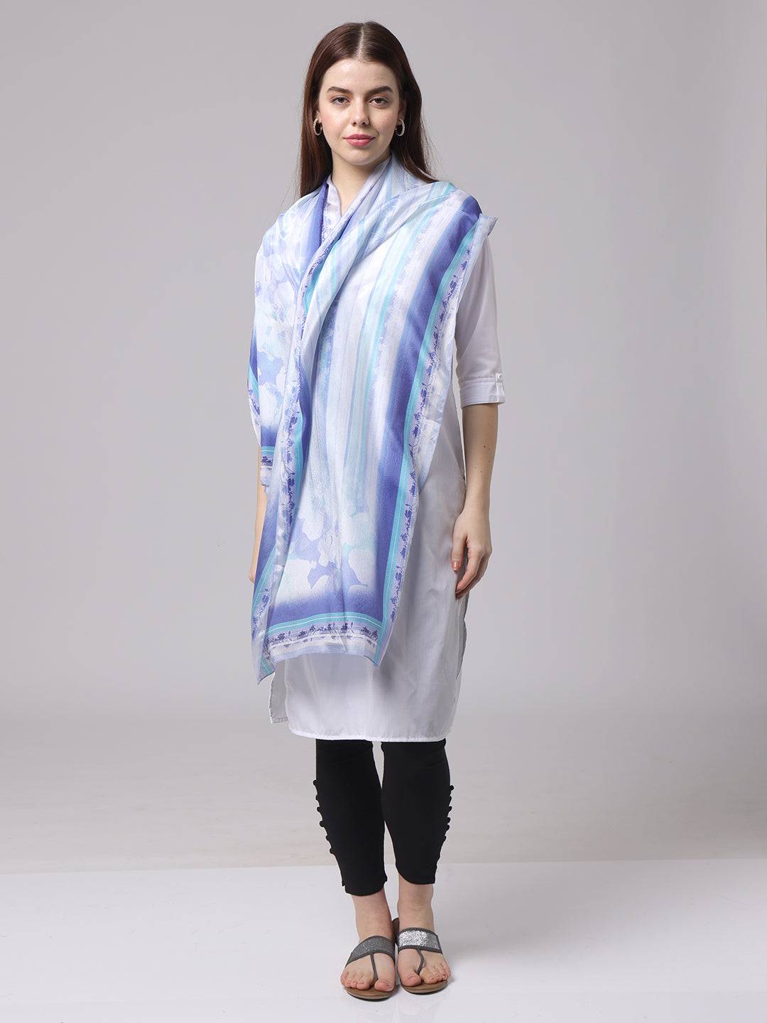 Serene blue floral scarf worn in front style