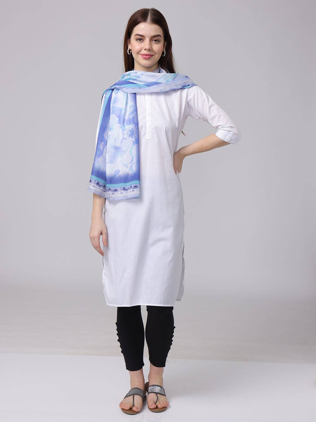 Serene blue floral scarf styled elegantly