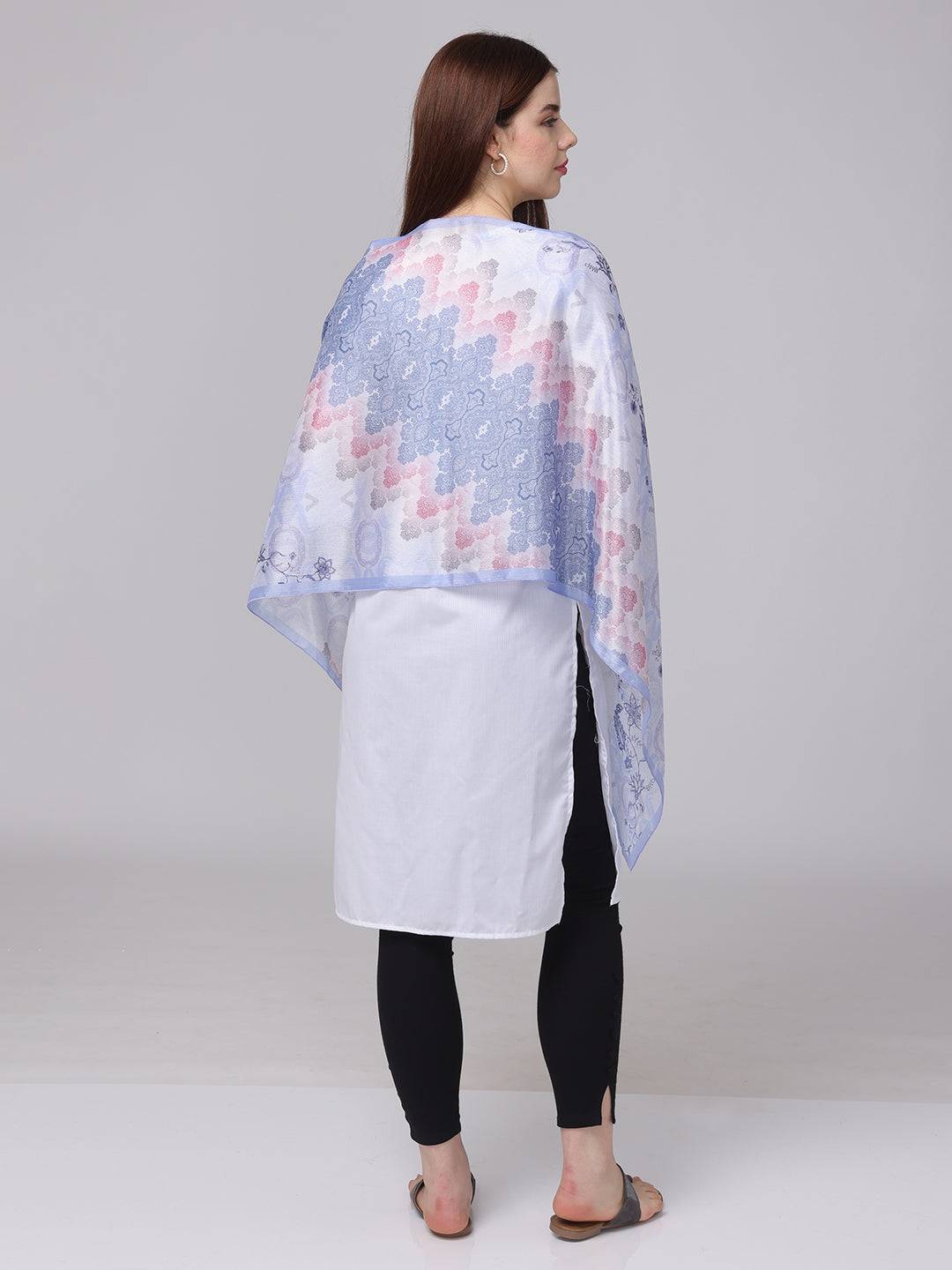 Back view of ethnic motifs scarf draped over shoulders