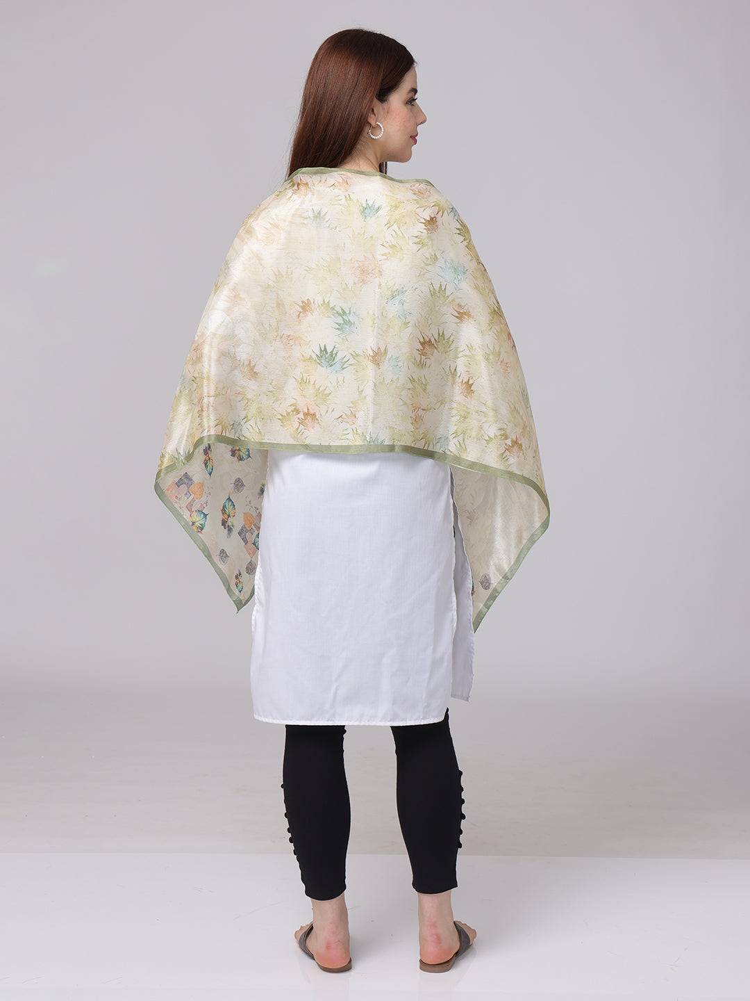 Back view of woman with Leaf Pattern Poly Chiffon Scarf