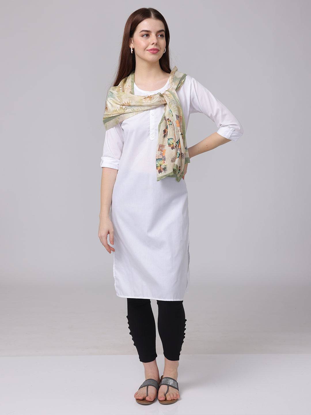 Woman wearing Leaf Pattern Poly Chiffon Scarf