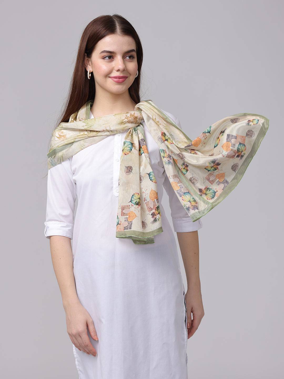 Leaf Pattern Poly Chiffon Scarf draped on woman