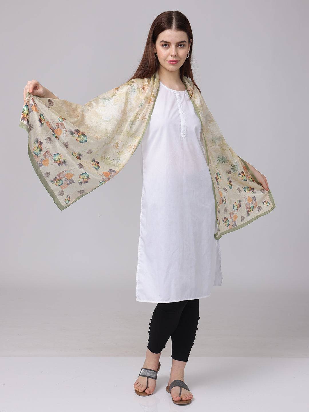 Model showcasing Leaf Pattern Poly Chiffon Scarf