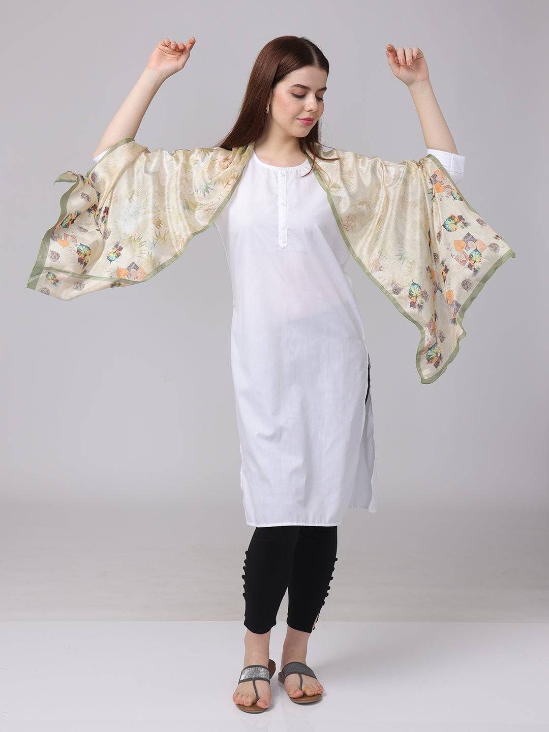 Leaf Pattern Poly Chiffon Scarf with arms raised