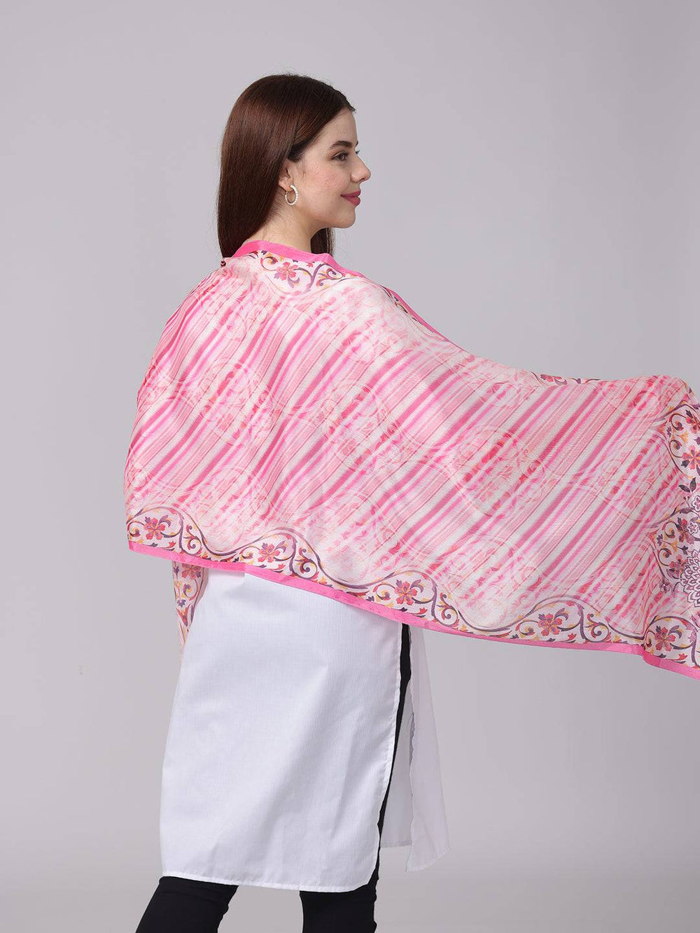 Side view of pink Radiant Blossom Stripe Scarf on model.