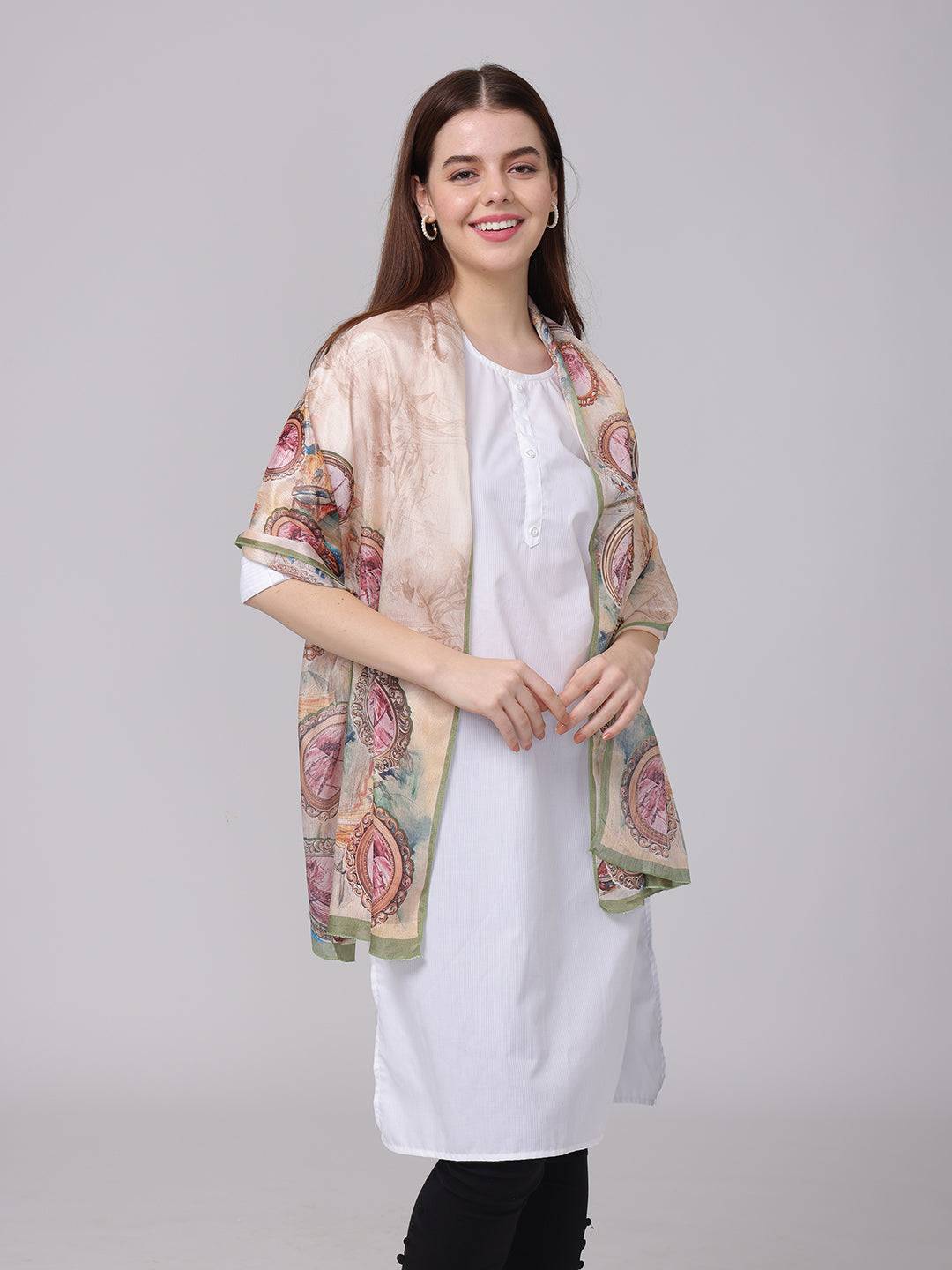 Retro Grace Frame Scarf draped over shoulders