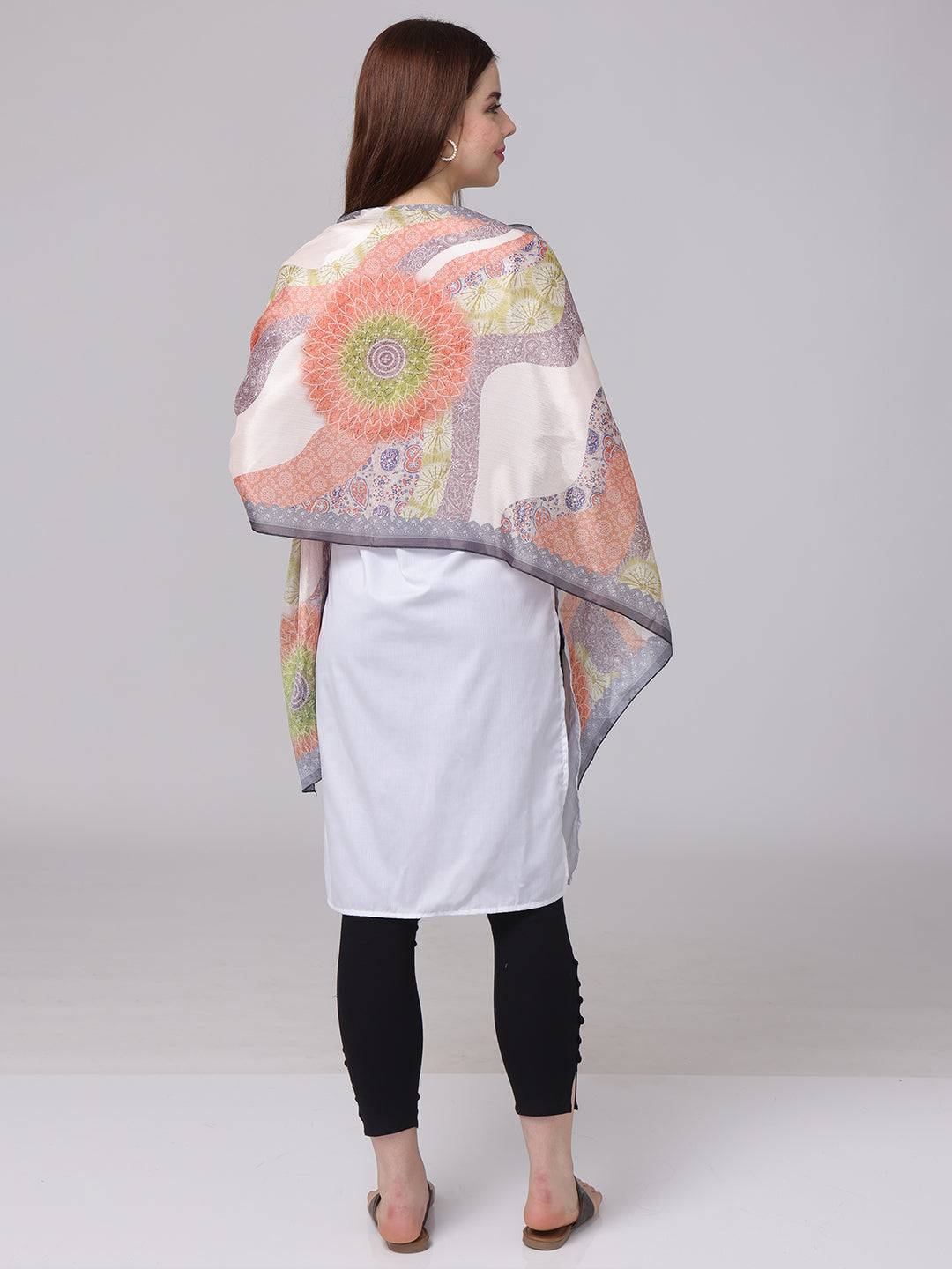 Back view of Vibrant Paisley Print Scarf on model