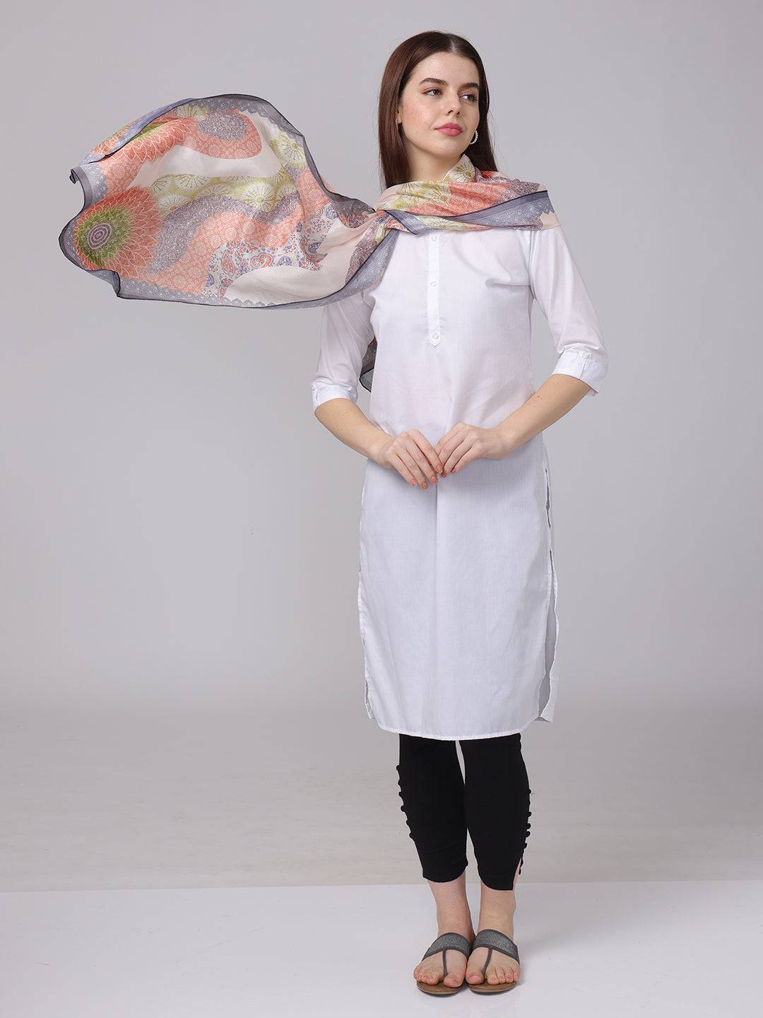 Flowing Vibrant Paisley Print Scarf on model