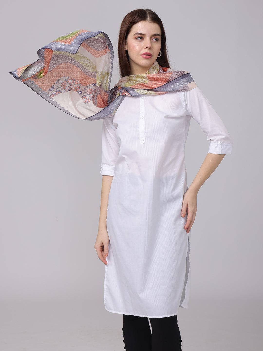 Model showcasing Vibrant Paisley Print Scarf in motion