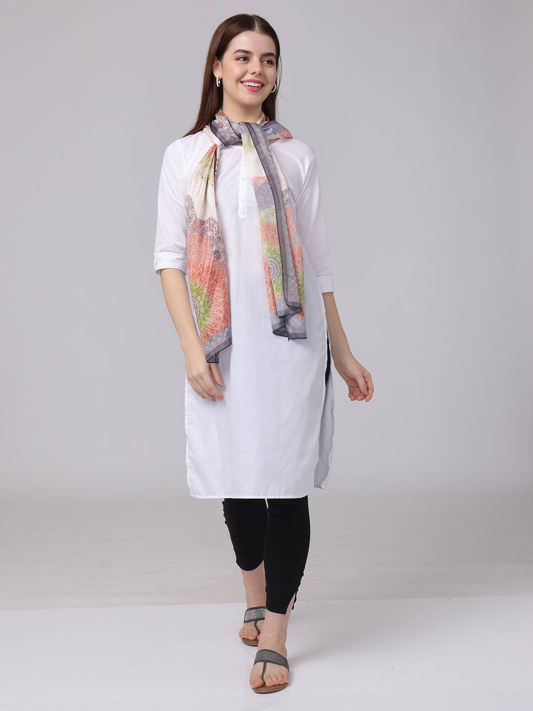 Model wearing Vibrant Paisley Print Scarf with white outfit
