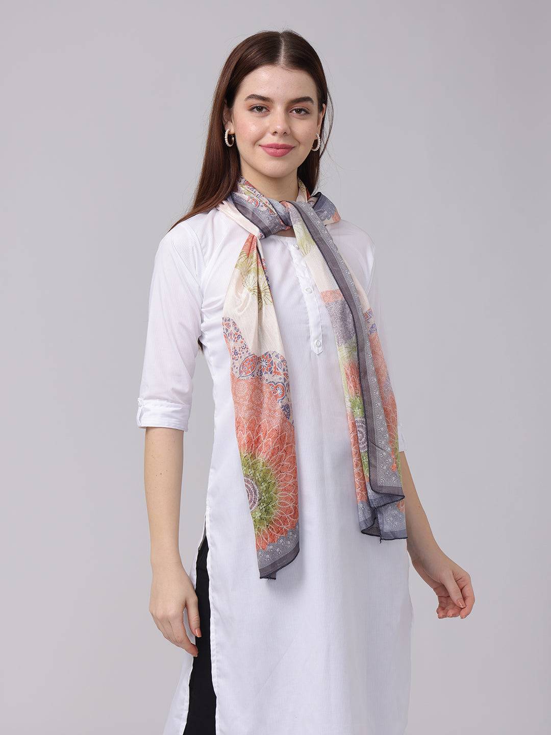 Vibrant Paisley Print Scarf draped on model's neck