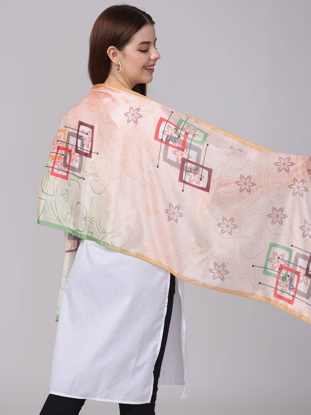 Close-up of floral geometric pastel scarf with intricate design.