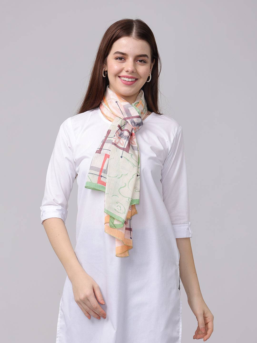 Floral geometric pastel scarf styled with white outfit.