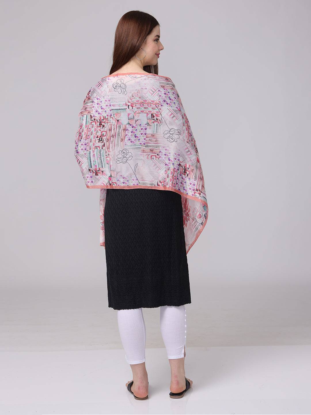 Back view of floral and geometric print scarf
