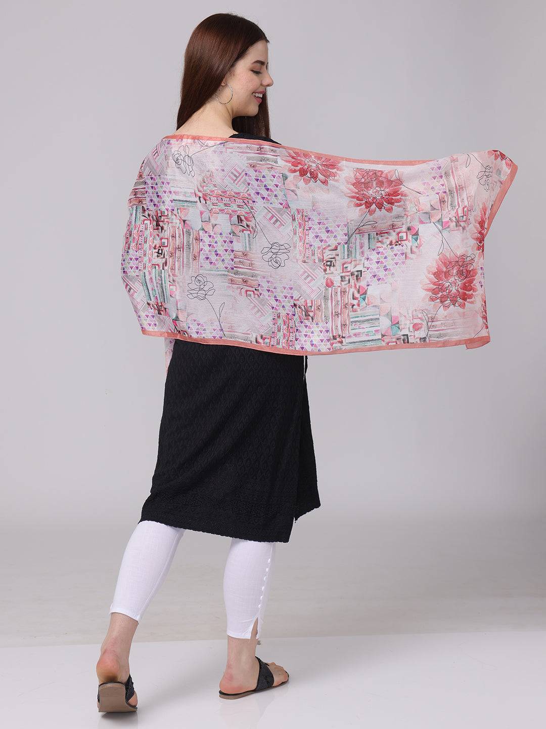 Side view of floral and geometric print scarf