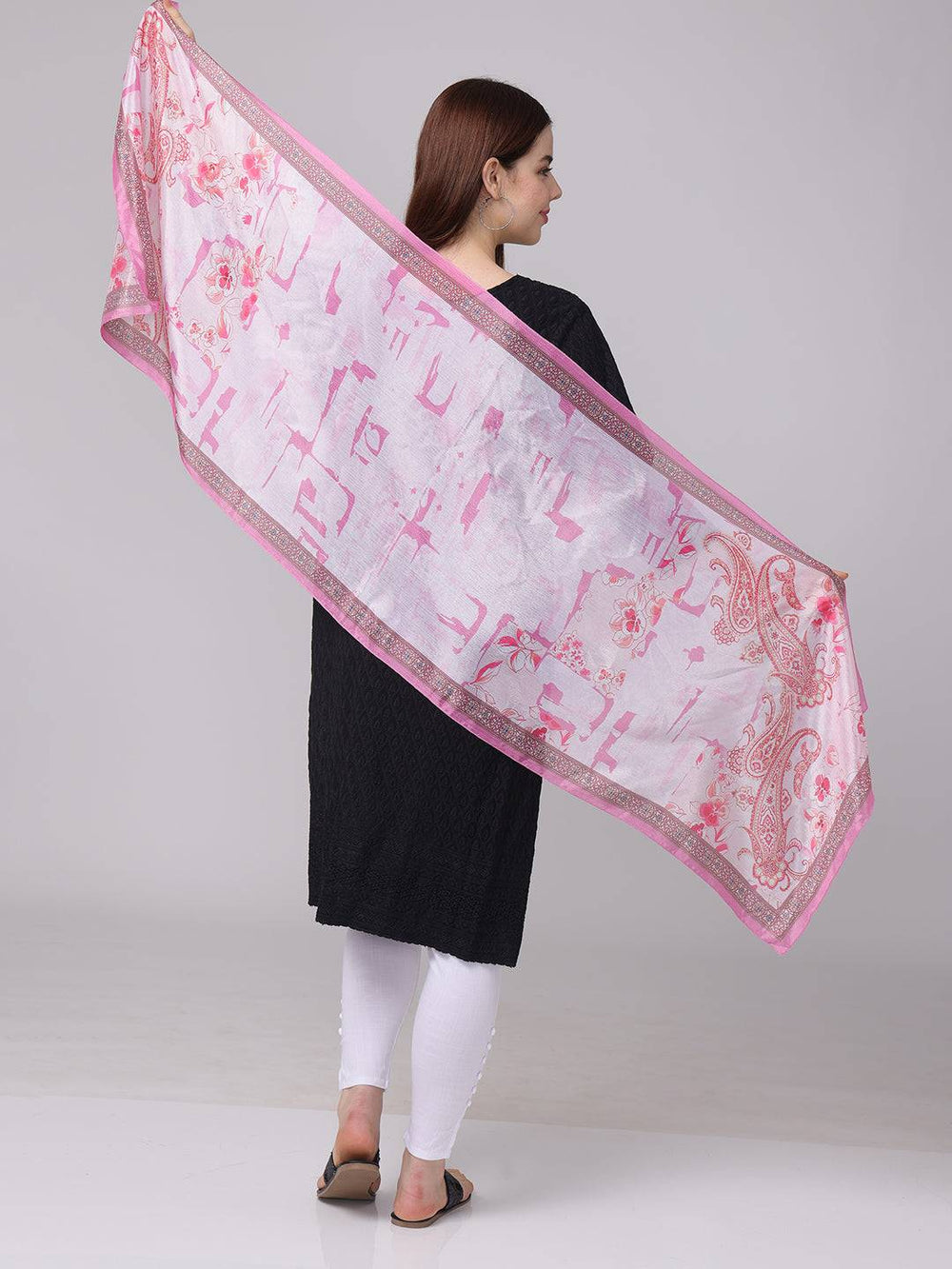 Back view of pink paisley and floral scarf spread wide
