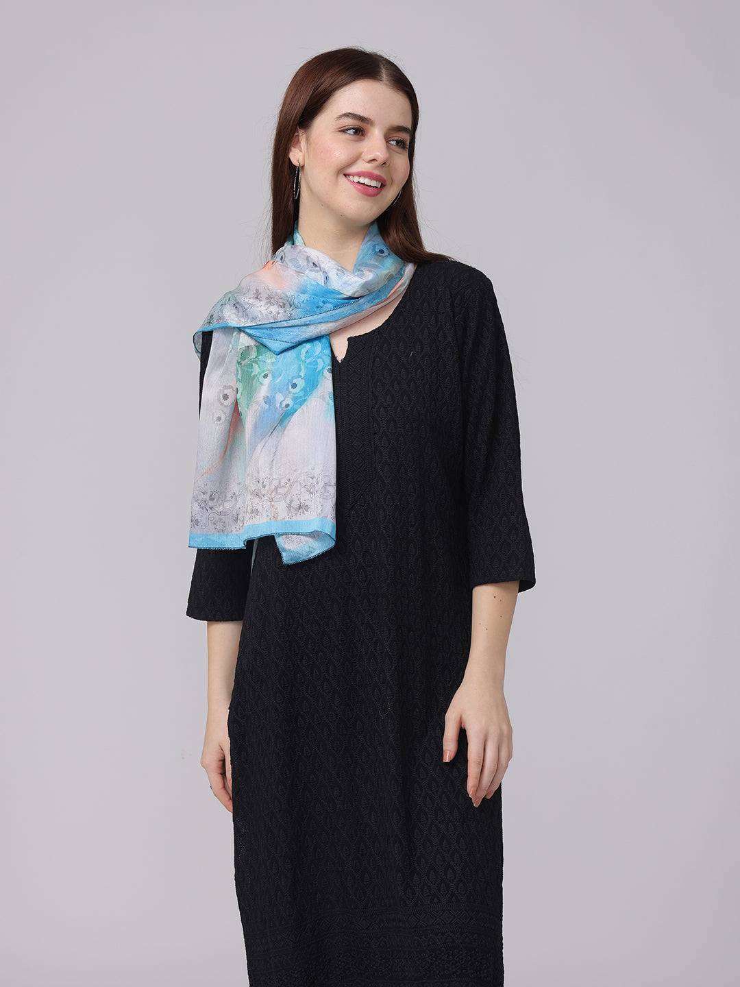 Vibrant Aqua Dream Scarf draped over shoulder