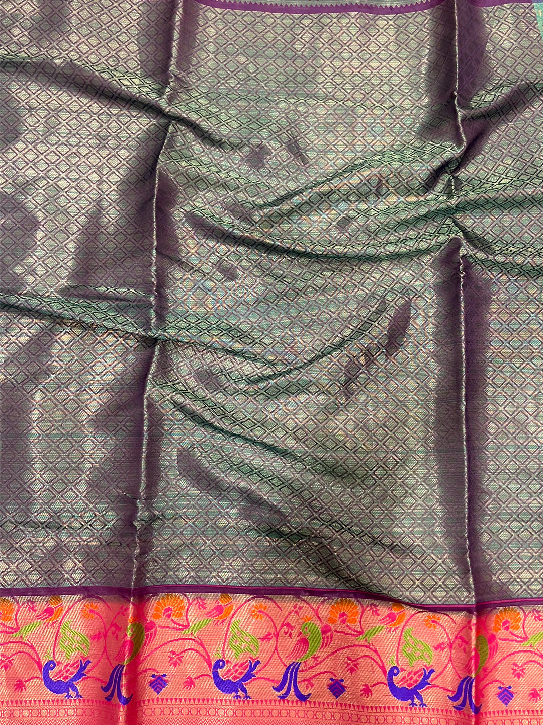 Teal Kora Muslin Kalamkari Floral Print Saree